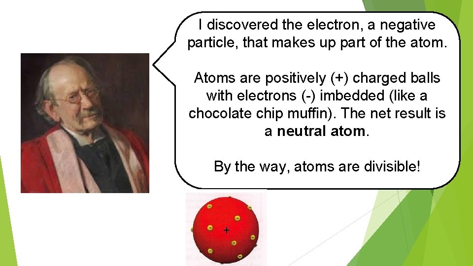 I discovered the electron, a negative particle, that makes up part of the atom.