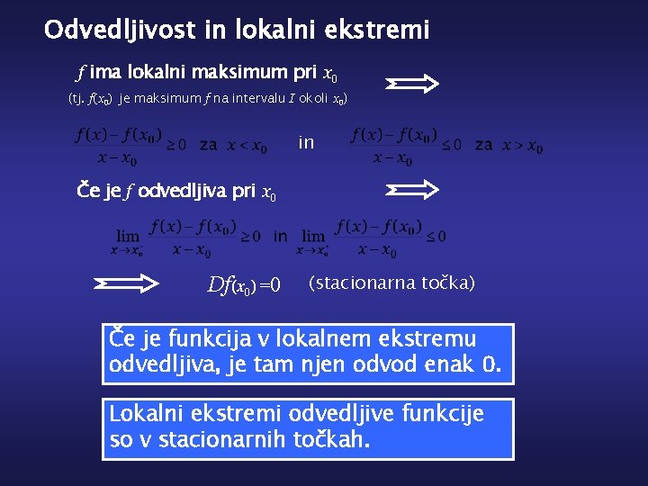 Odvedljivost in lokalni ekstremi f ima lokalni maksimum pri x 0 (tj. f(x 0)