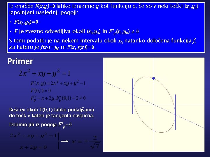 Iz enačbe F(x, y)=0 lahko izrazimo y kot funkcijo x, če so v neki