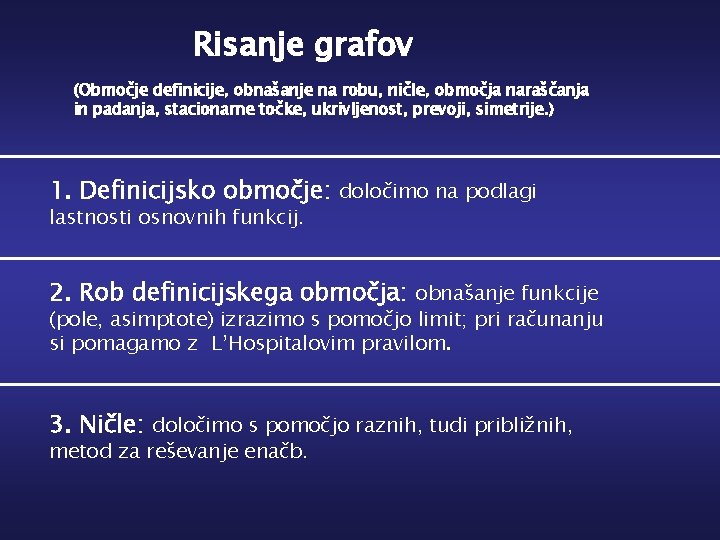 Risanje grafov (Območje definicije, obnašanje na robu, ničle, območja naraščanja in padanja, stacionarne točke,