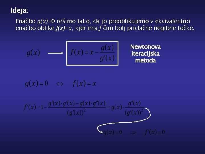 Ideja: Enačbo g(x)=0 rešimo tako, da jo preoblikujemo v ekvivalentno enačbo oblike f(x)=x, kjer