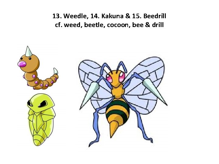 13. Weedle, 14. Kakuna & 15. Beedrill cf. weed, beetle, cocoon, bee & drill