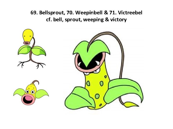 69. Bellsprout, 70. Weepinbell & 71. Victreebel cf. bell, sprout, weeping & victory 