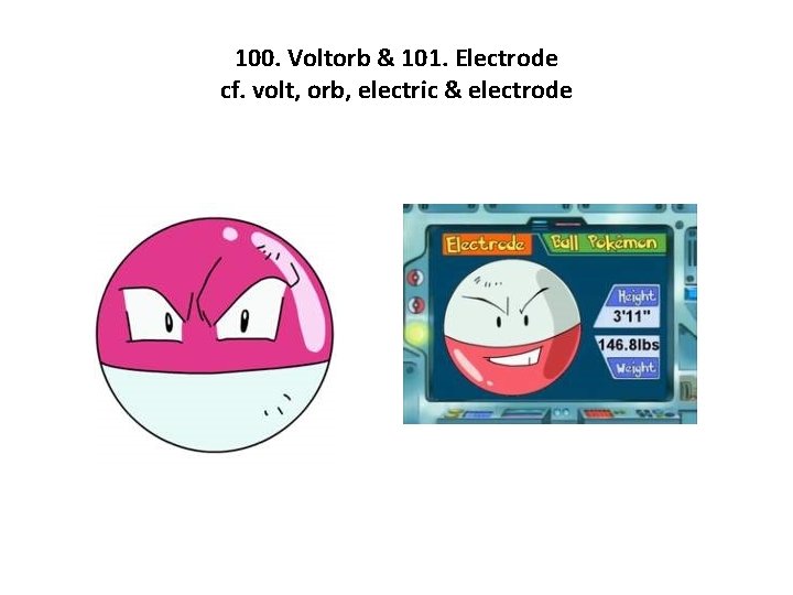 100. Voltorb & 101. Electrode cf. volt, orb, electric & electrode 