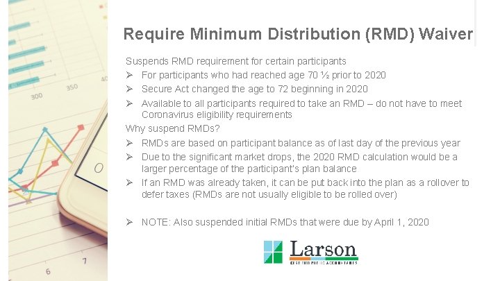 Require Minimum Distribution (RMD) Waiver Suspends RMD requirement for certain participants Ø For participants