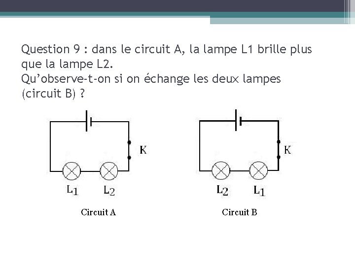 Question 9 : dans le circuit A, la lampe L 1 brille plus que