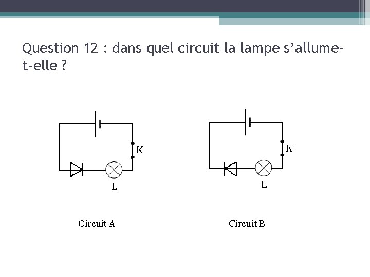 Question 12 : dans quel circuit la lampe s’allumet-elle ? Circuit A Circuit B