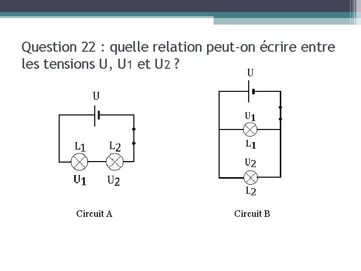 Question 22 : quelle relation peut-on écrire entre les tensions U, U 1 et