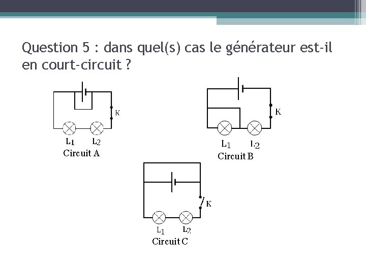 Question 5 : dans quel(s) cas le générateur est-il en court-circuit ? Circuit A