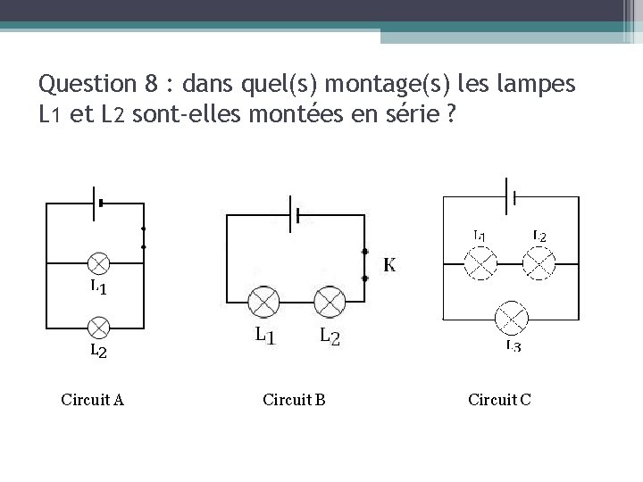 Question 8 : dans quel(s) montage(s) les lampes L 1 et L 2 sont-elles