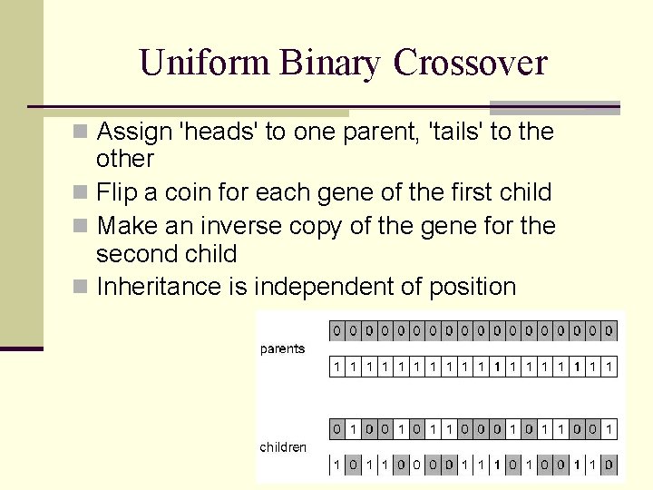 Uniform Binary Crossover n Assign 'heads' to one parent, 'tails' to the other n