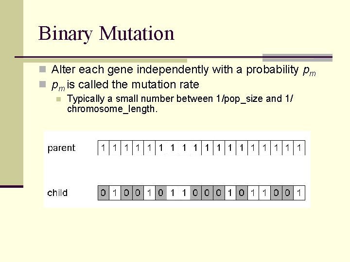 Binary Mutation n Alter each gene independently with a probability pm n pm is