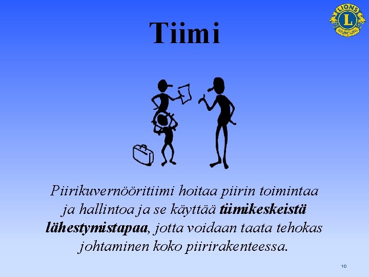 Tiimi Piirikuvernööritiimi hoitaa piirin toimintaa ja hallintoa ja se käyttää tiimikeskeistä lähestymistapaa, jotta voidaan