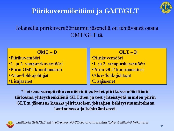 Piirikuvernööritiimi ja GMT/GLT Jokaisella piirikuvernööritiimin jäsenellä on tehtävänsä osana GMT/GLT: tä. GMT – D