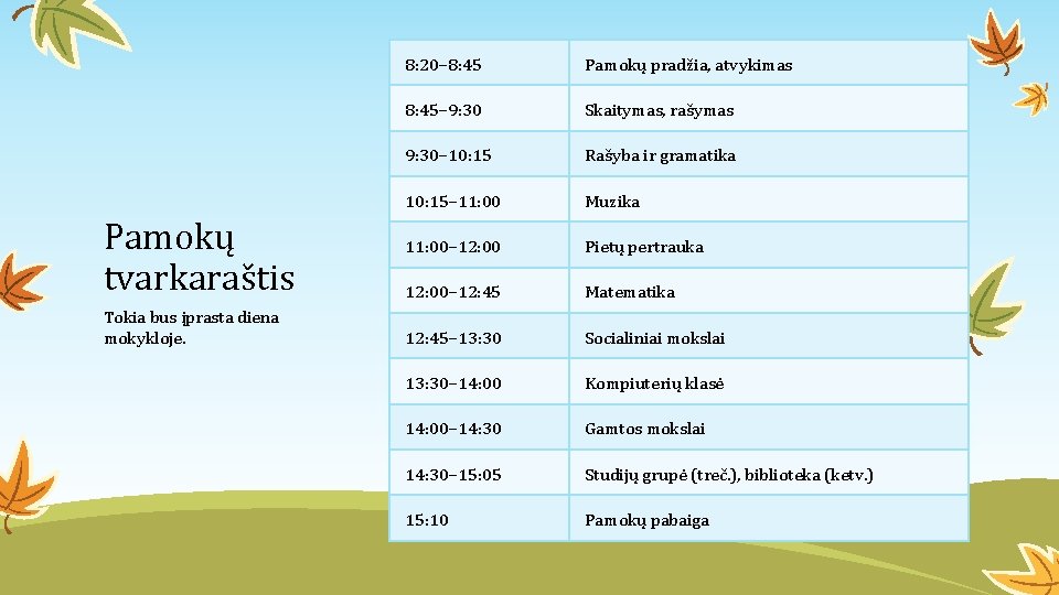 Pamokų tvarkaraštis Tokia bus įprasta diena mokykloje. 8: 20– 8: 45 Pamokų pradžia, atvykimas