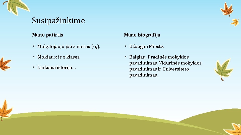 Susipažinkime Mano patirtis Mano biografija • Mokytojauju jau x metus (-ų). • Užaugau Mieste.