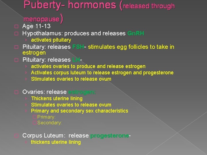 � � Puberty- hormones (released through menopause) Age 11 -13 Hypothalamus: produces and releases � � Puberty- hormones (released through menopause) Age 11 -13 Hypothalamus: produces and releases