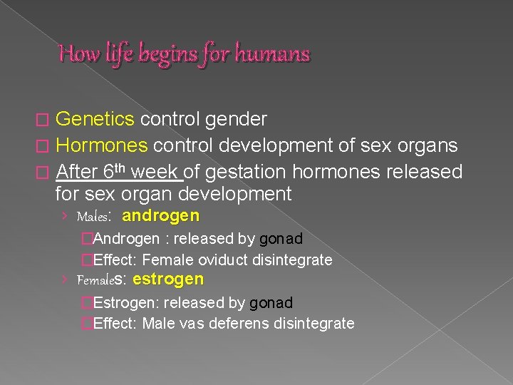 How life begins for humans Genetics control gender � Hormones control development of sex How life begins for humans Genetics control gender � Hormones control development of sex