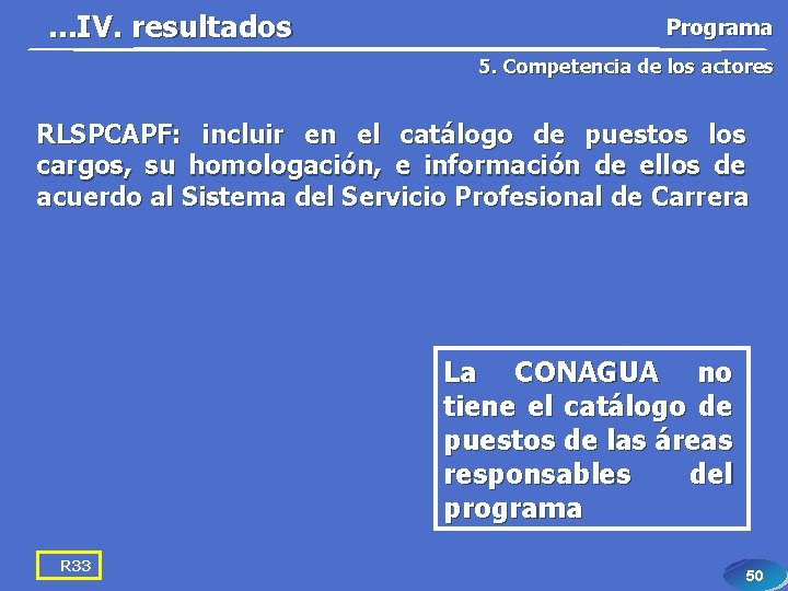 . . . IV. resultados Programa 5. Competencia de los actores RLSPCAPF: incluir en