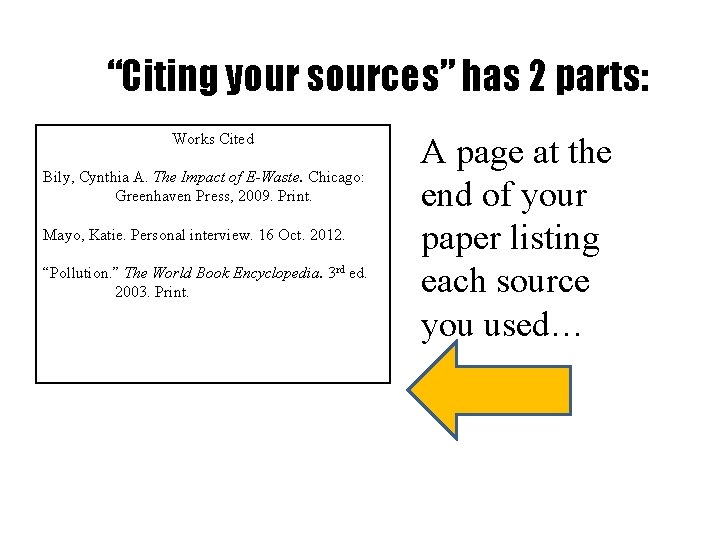 “Citing your sources” has 2 parts: Works Cited Bily, Cynthia A. The Impact of