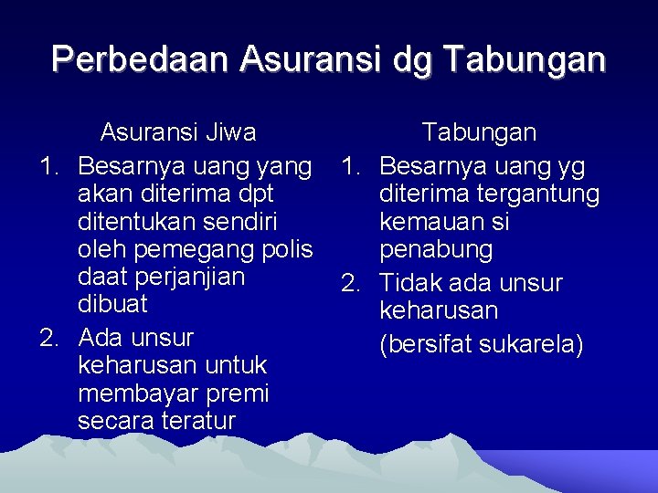 Perbedaan Asuransi dg Tabungan Asuransi Jiwa 1. Besarnya uang yang akan diterima dpt ditentukan