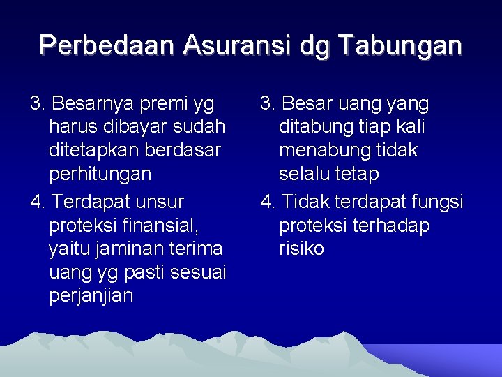 Perbedaan Asuransi dg Tabungan 3. Besarnya premi yg harus dibayar sudah ditetapkan berdasar perhitungan