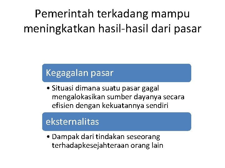 Pemerintah terkadang mampu meningkatkan hasil-hasil dari pasar Kegagalan pasar • Situasi dimana suatu pasar