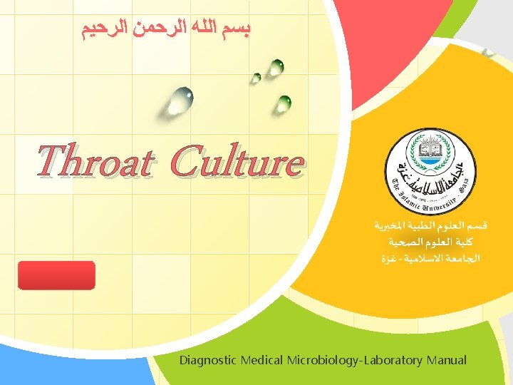  ﺑﺴﻢ ﺍﻟﻠﻪ ﺍﻟﺮﺣﻤﻦ ﺍﻟﺮﺣﻴﻢ Throat Culture L/O/G/O Diagnostic Medical Microbiology-Laboratory Manual 