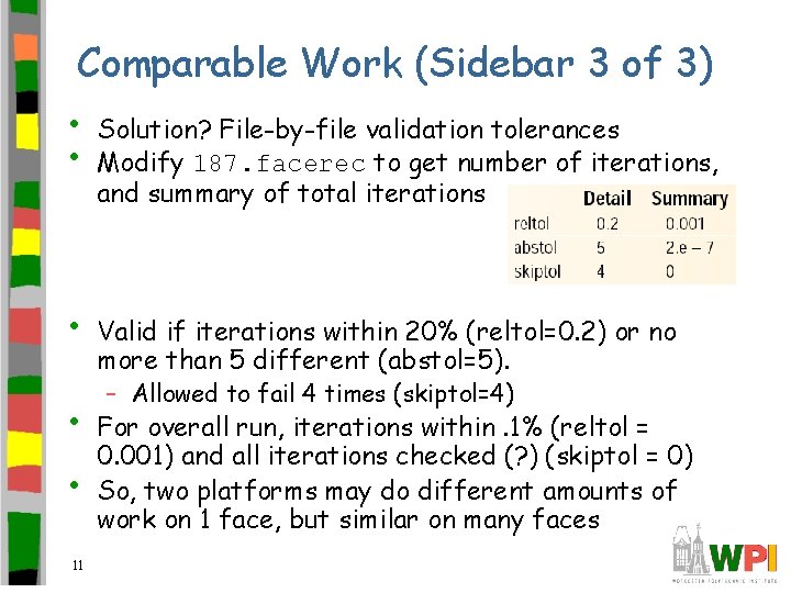 Comparable Work (Sidebar 3 of 3) • • • 11 Solution? File-by-file validation tolerances