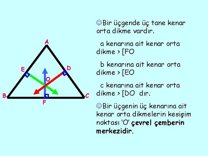 JBir üçgende üç tane kenar orta dikme vardır. A E B . O .
