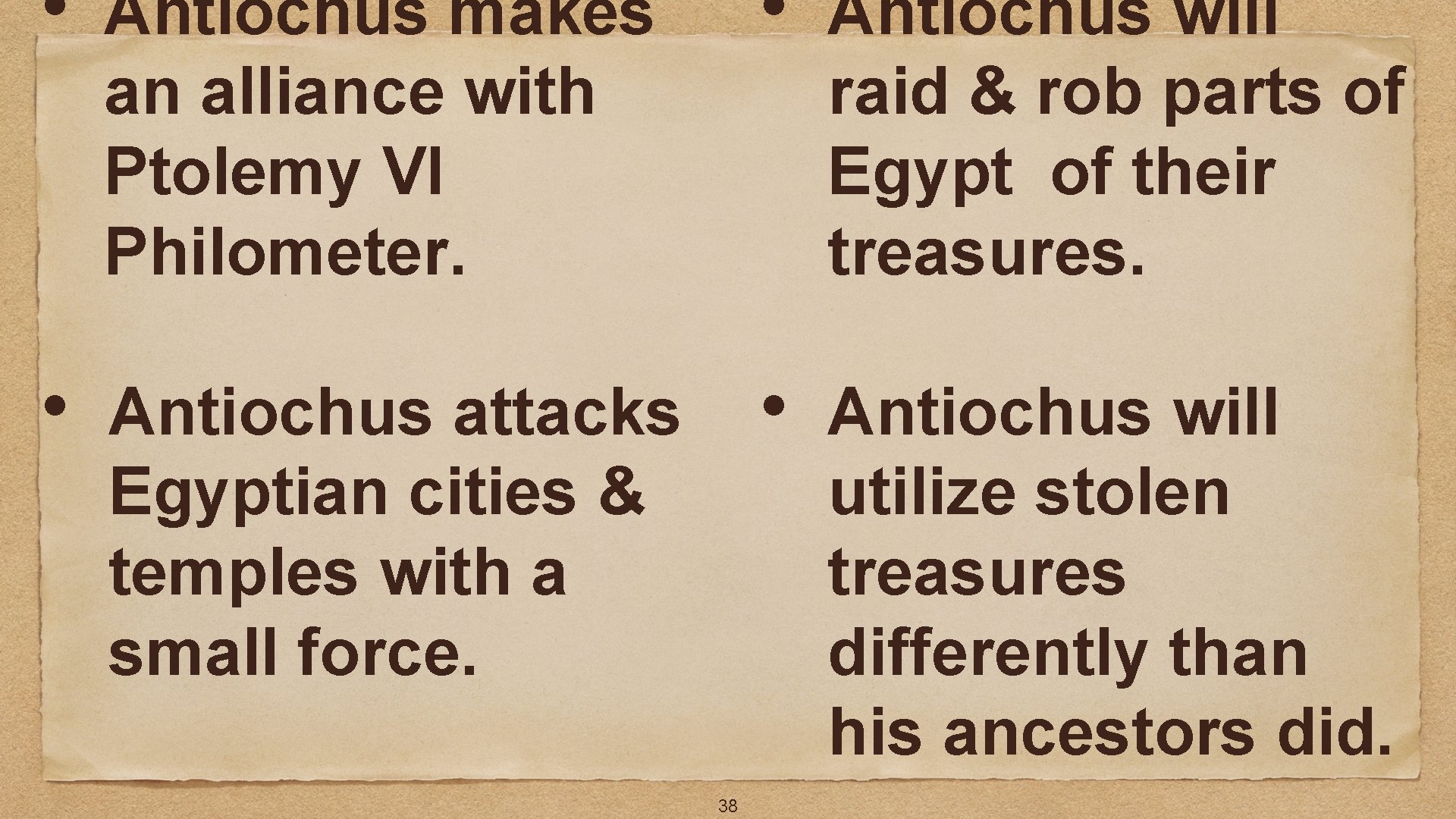  • Antiochus makes an alliance with Ptolemy VI Philometer. • Antiochus will raid