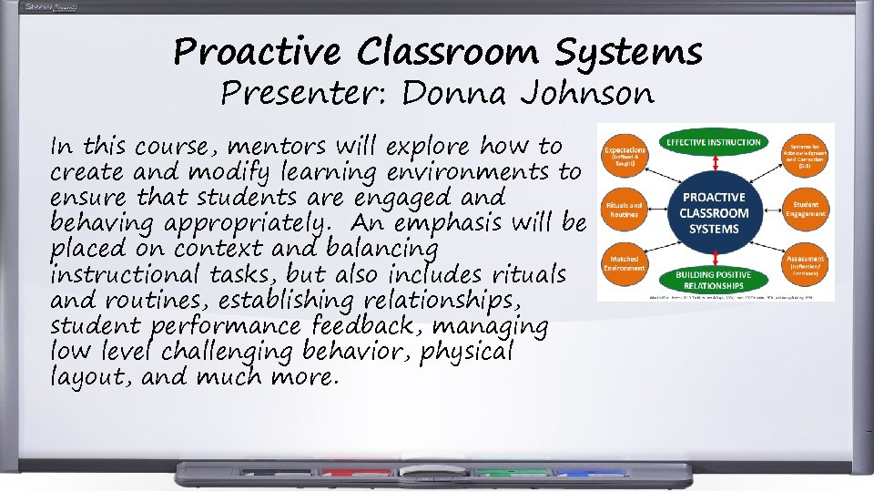 Proactive Classroom Systems Presenter: Donna Johnson In this course, mentors will explore how to