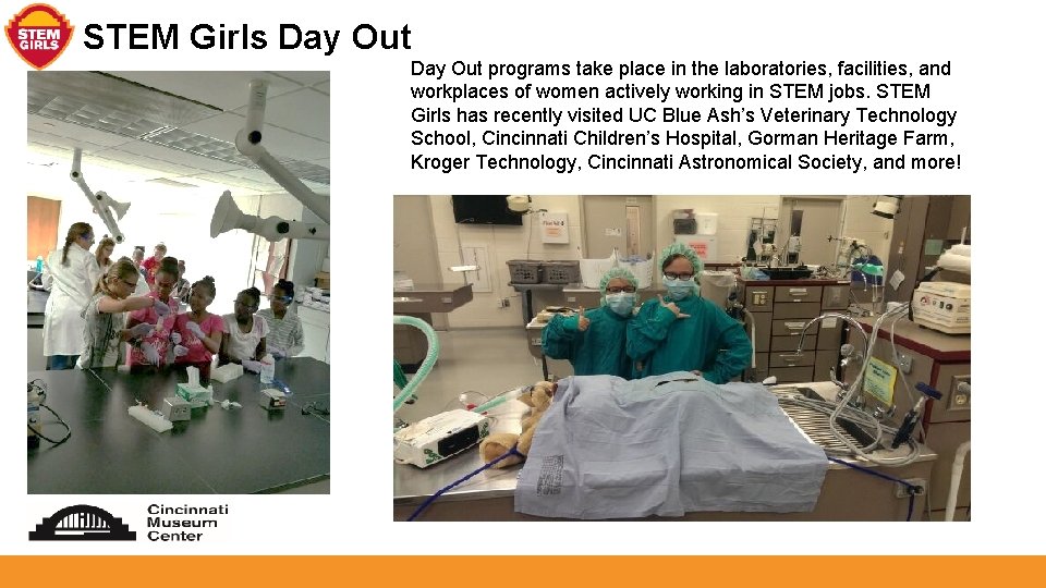 STEM Girls Day Out programs take place in the laboratories, facilities, and workplaces of