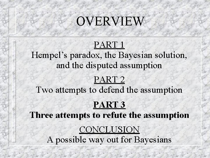 OVERVIEW PART 1 Hempel’s paradox, the Bayesian solution, and the disputed assumption PART 2
