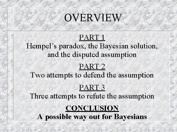 OVERVIEW PART 1 Hempel’s paradox, the Bayesian solution, and the disputed assumption PART 2