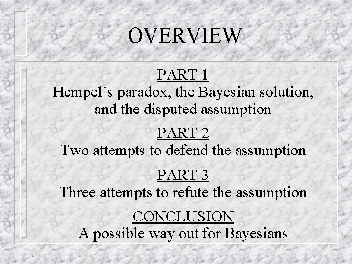 OVERVIEW PART 1 Hempel’s paradox, the Bayesian solution, and the disputed assumption PART 2