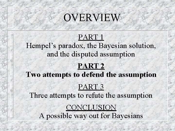 OVERVIEW PART 1 Hempel’s paradox, the Bayesian solution, and the disputed assumption PART 2