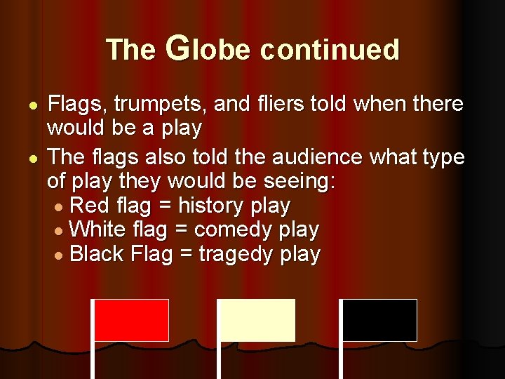 The Globe continued Flags, trumpets, and fliers told when there would be a play