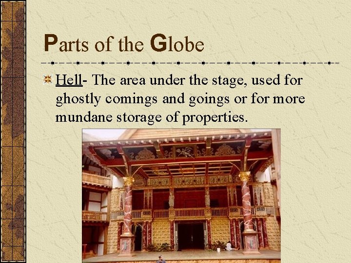 Parts of the Globe Hell- The area under the stage, used for ghostly comings