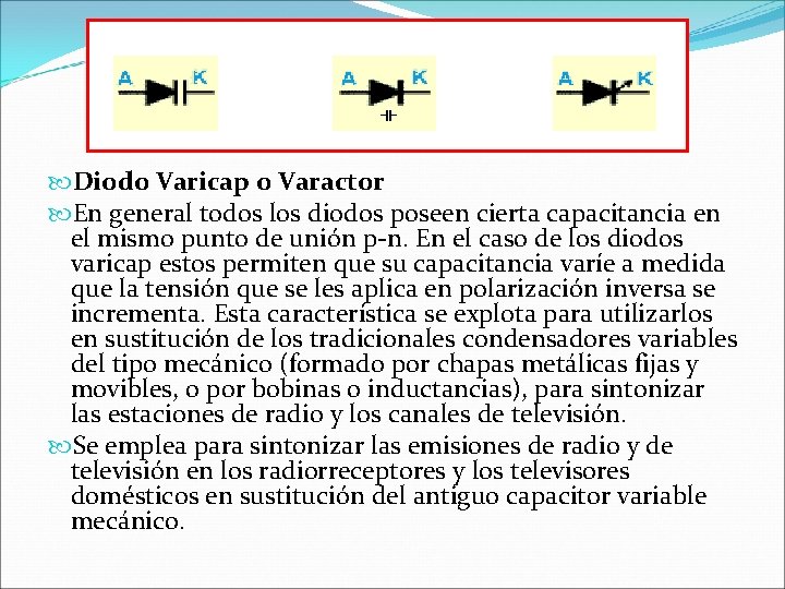  Diodo Varicap o Varactor En general todos los diodos poseen cierta capacitancia en