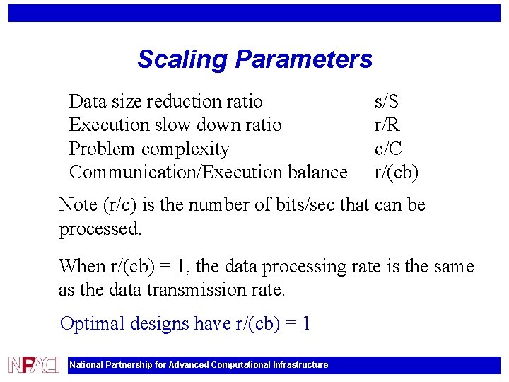 Scaling Parameters Data size reduction ratio Execution slow down ratio Problem complexity Communication/Execution balance