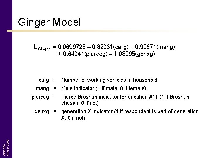 Ginger Model UGinger = 0. 0699728 – 0. 82331(carg) + 0. 90671(mang) + 0.