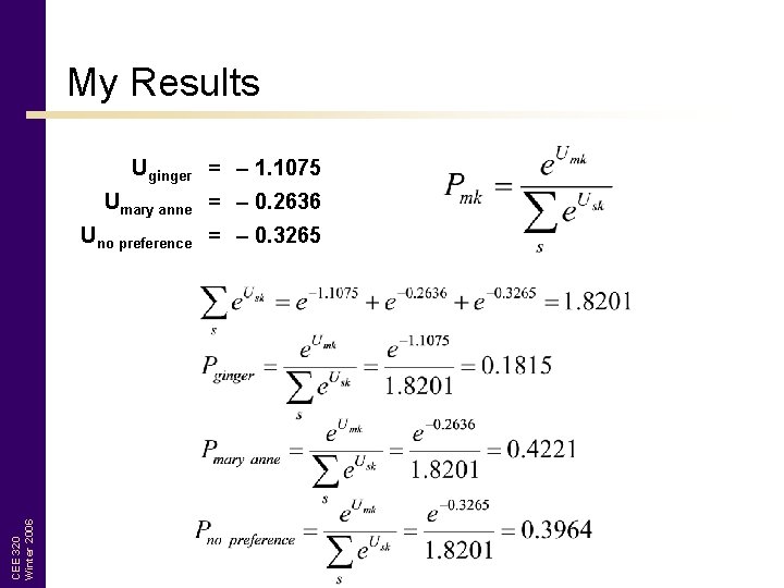 My Results Uginger = – 1. 1075 Umary anne = – 0. 2636 CEE