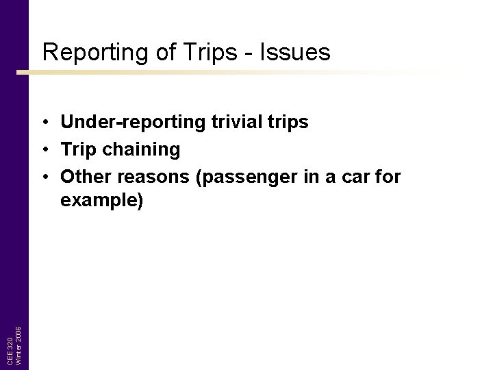 Reporting of Trips - Issues CEE 320 Winter 2006 • Under-reporting trivial trips •