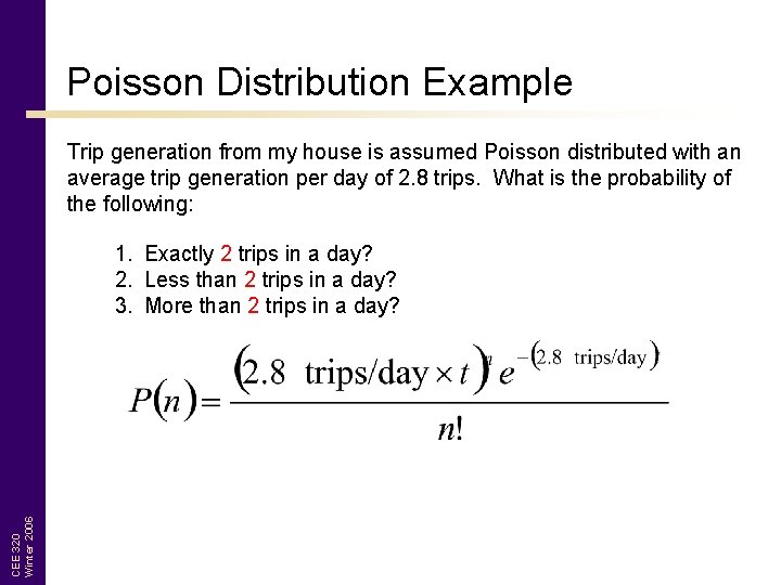 Poisson Distribution Example Trip generation from my house is assumed Poisson distributed with an