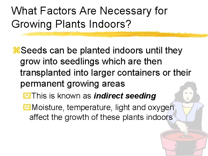 What Factors Are Necessary for Growing Plants Indoors? z. Seeds can be planted indoors