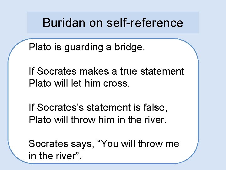 Buridan on self-reference Plato is guarding a bridge. If Socrates makes a true statement