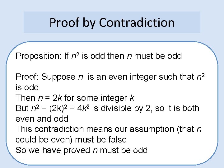 Proof by Contradiction Proposition: If n 2 is odd then n must be odd