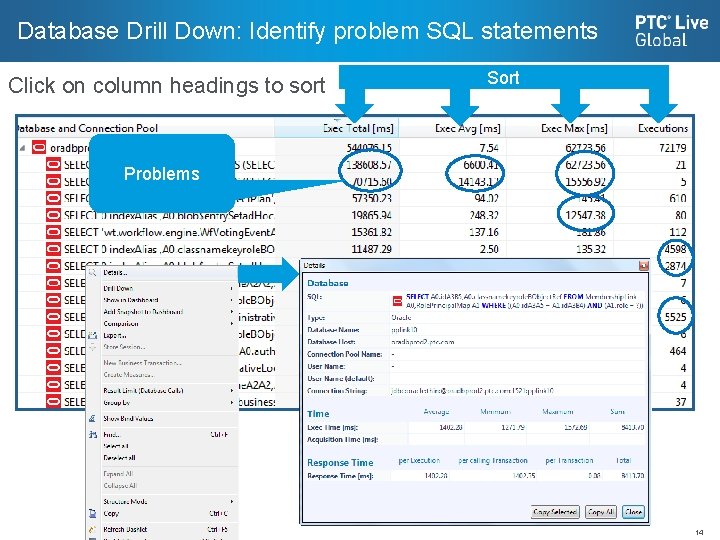 Database Drill Down: Identify problem SQL statements Click on column headings to sort Sort