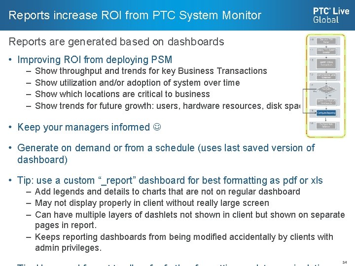 Reports increase ROI from PTC System Monitor Reports are generated based on dashboards •